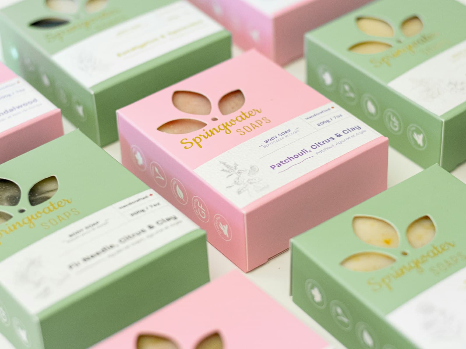 Printed private-label cartons in a repeating set