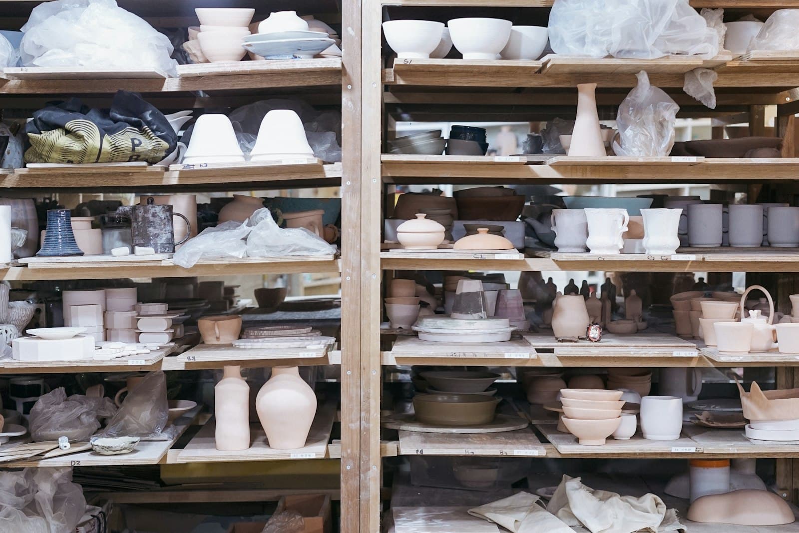 Open shelves of ceramics stocked for wholesale
