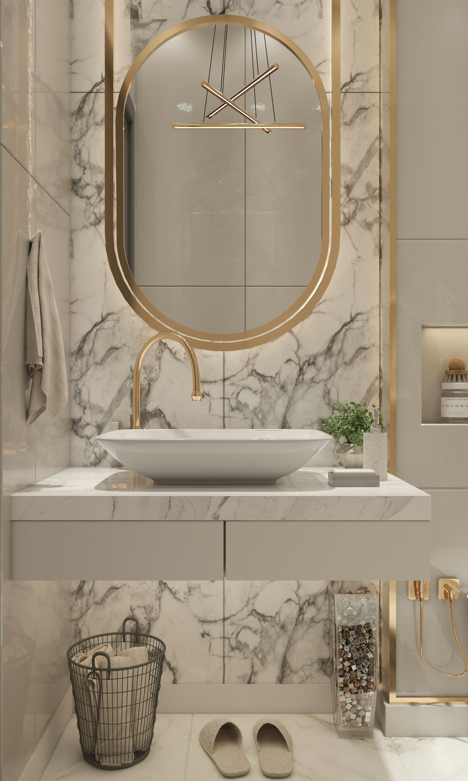 Marble bathroom vanity with a round mirror