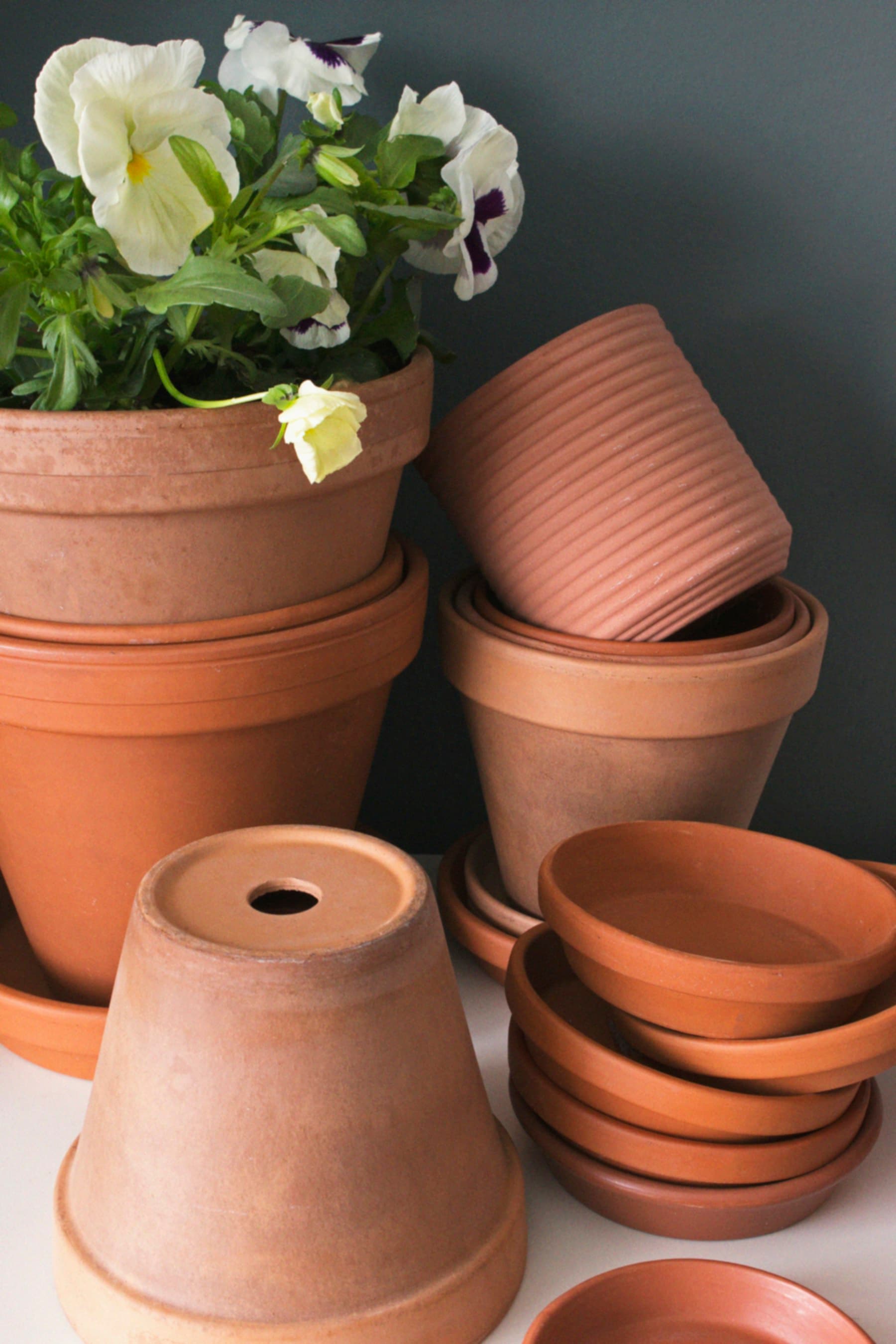 Stacked ribbed terracotta planters