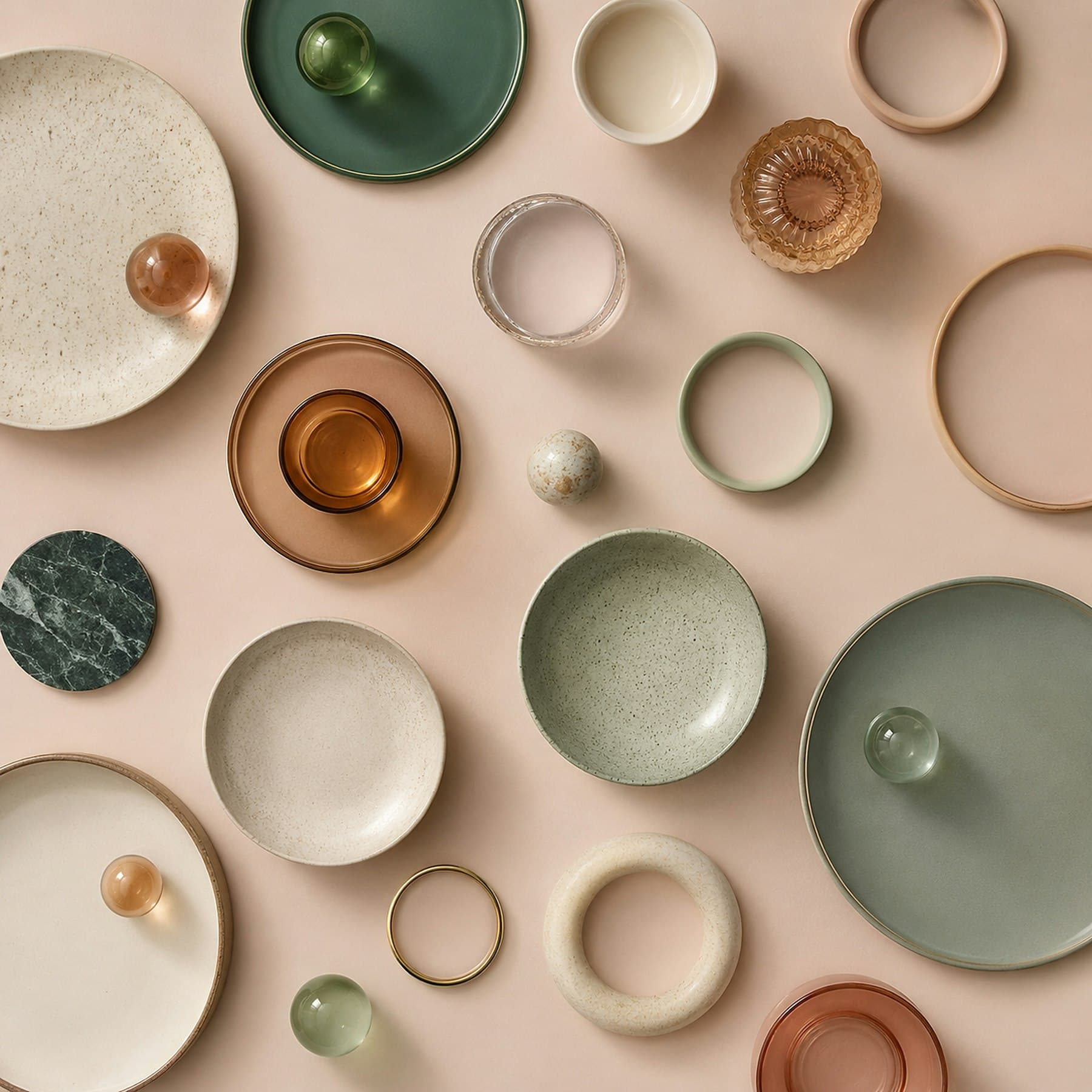 Flat-lay of ceramic plates and bowls on a peach ground